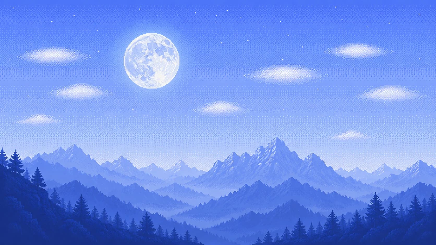 Une lune pixel art dans un ciel bleu au-dessus des montagnes